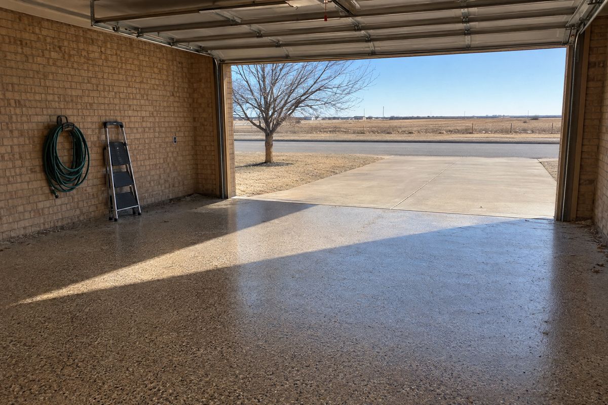 Garage with a light tan, brown and black flake floor lit by low winter sun through the open door, a hose on the wall and a bare elm outside.