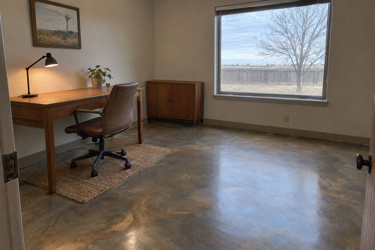Home office with a muted pewter and bronze metallic epoxy floor, a wooden desk and rolling chair, a woven rug and a window onto a flat fenced yard.
