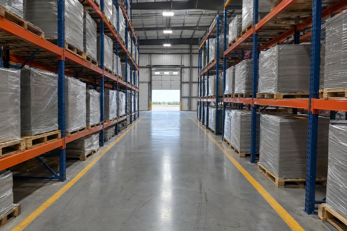 Warehouse with a gray epoxy floor, yellow aisle lines and tire scuffs between steel pallet racks of shrink-wrapped goods under high-bay lights.