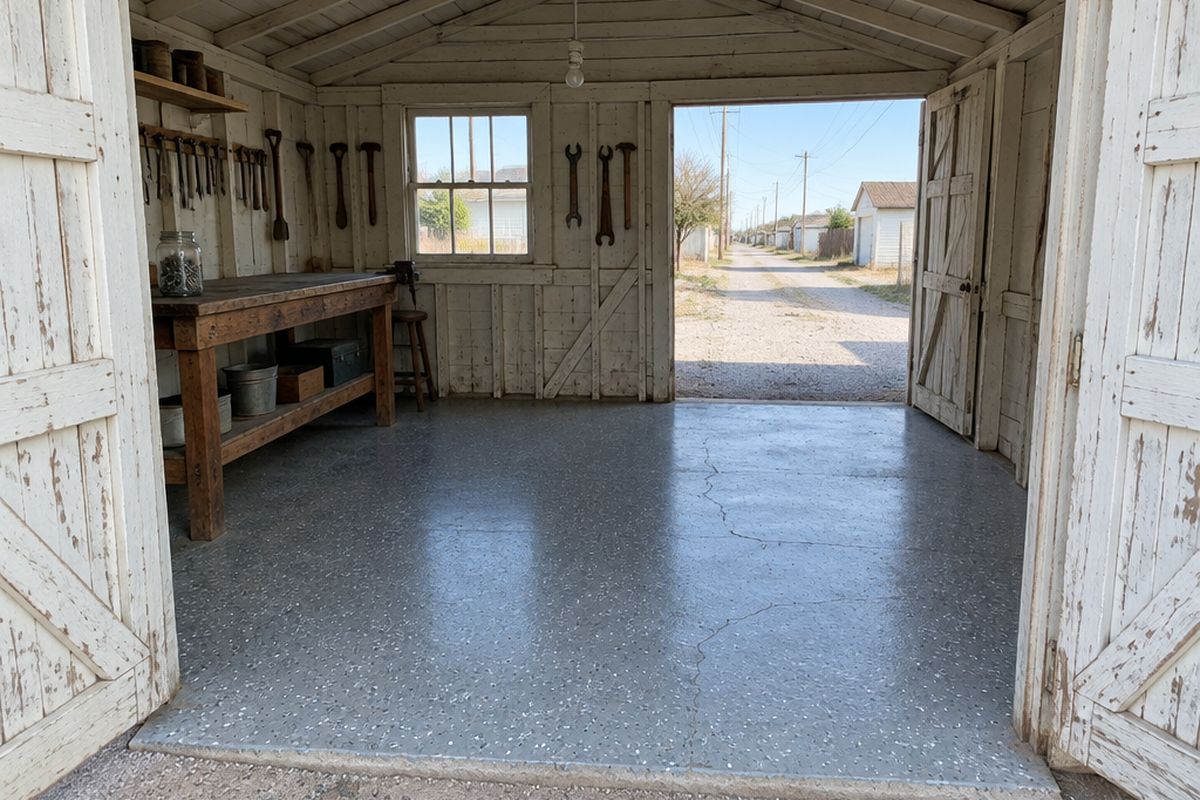 Small detached one-car garage with open wooden doors, a gray and white flake floor over faint patched cracks, an old workbench and a gravel alley outside.
