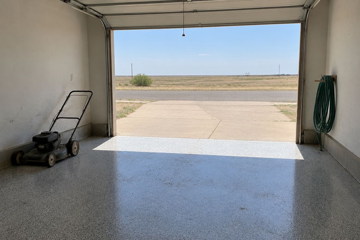 Single-car garage with a pale gray and white flake floor lit by strong afternoon sun through the open door, a push mower and a coiled hose.