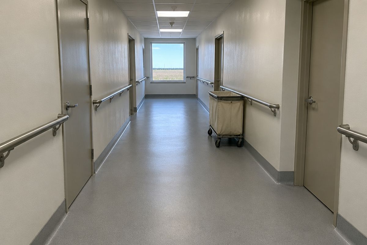 Hospital service corridor with a seamless light gray epoxy floor and coved base, stainless handrails, plain closed doors and a laundry cart by the wall.