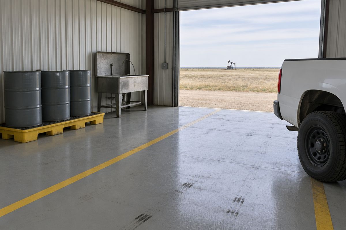 Oilfield service shop with a gray epoxy floor and yellow lines, plain steel drums on a spill pallet, a work truck and a distant pumpjack outside.