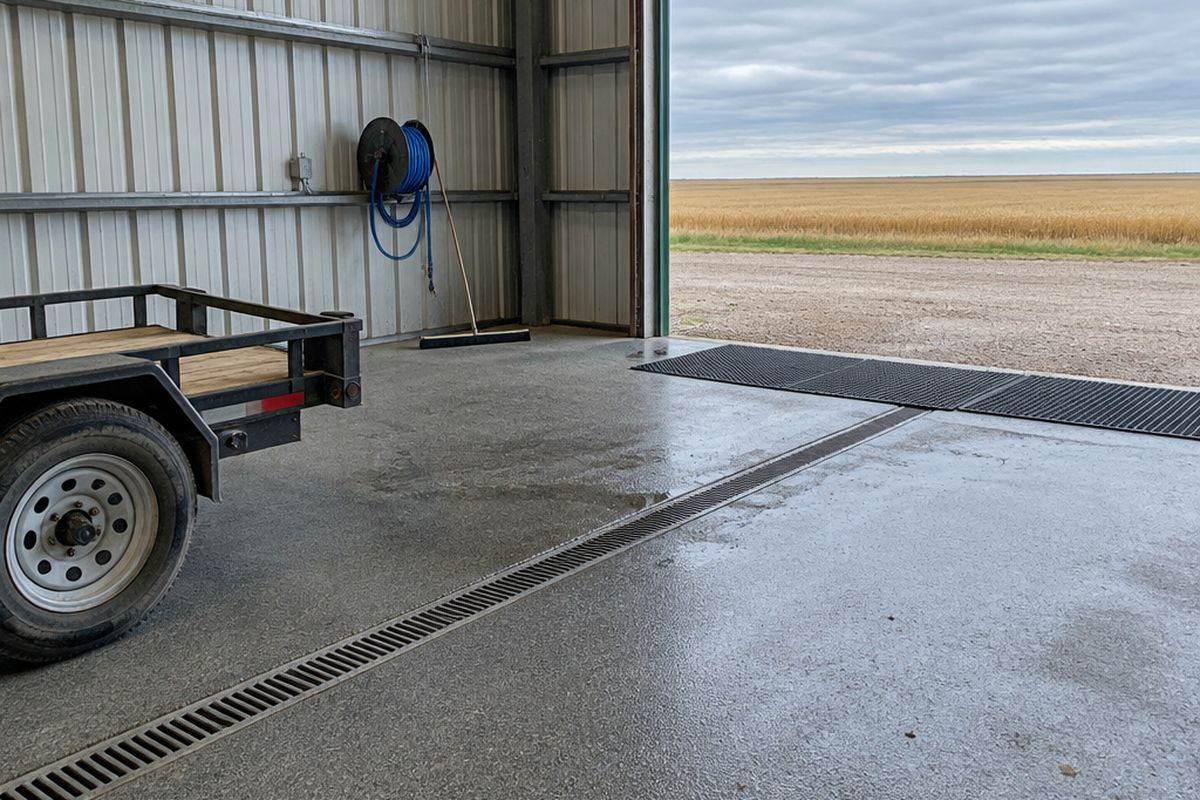 Farm wash bay with a damp, gritty gray slurry floor sloping to a trench drain, a hose reel, rubber mats at the door and a utility trailer.