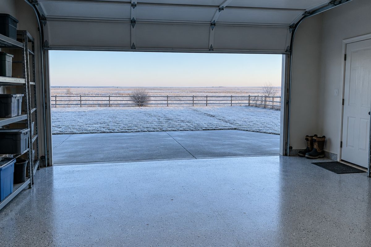 Garage with a light gray flake floor and its door open on a frosty morning, frost on the lawn and fence outside, shelves and work boots.