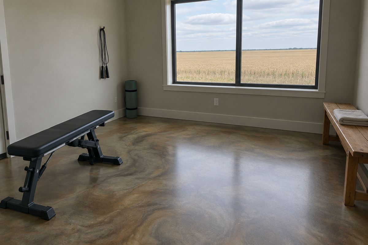 Home gym with a muted bronze and taupe metallic epoxy floor, a padded weight bench, a rolled yoga mat and a large window onto a flat wheat field.