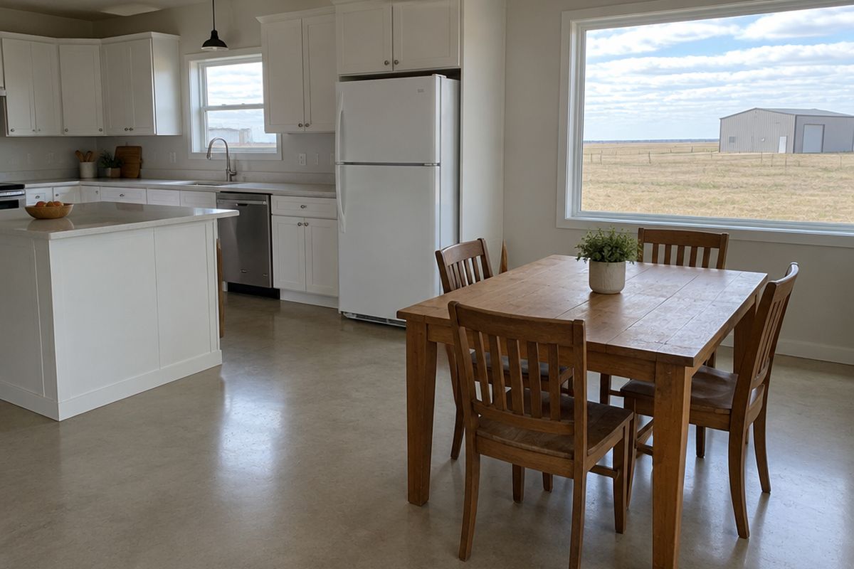 Open kitchen and dining area with a creamy low-sheen polished concrete floor, white cabinets, a wood table and a window onto a flat field.