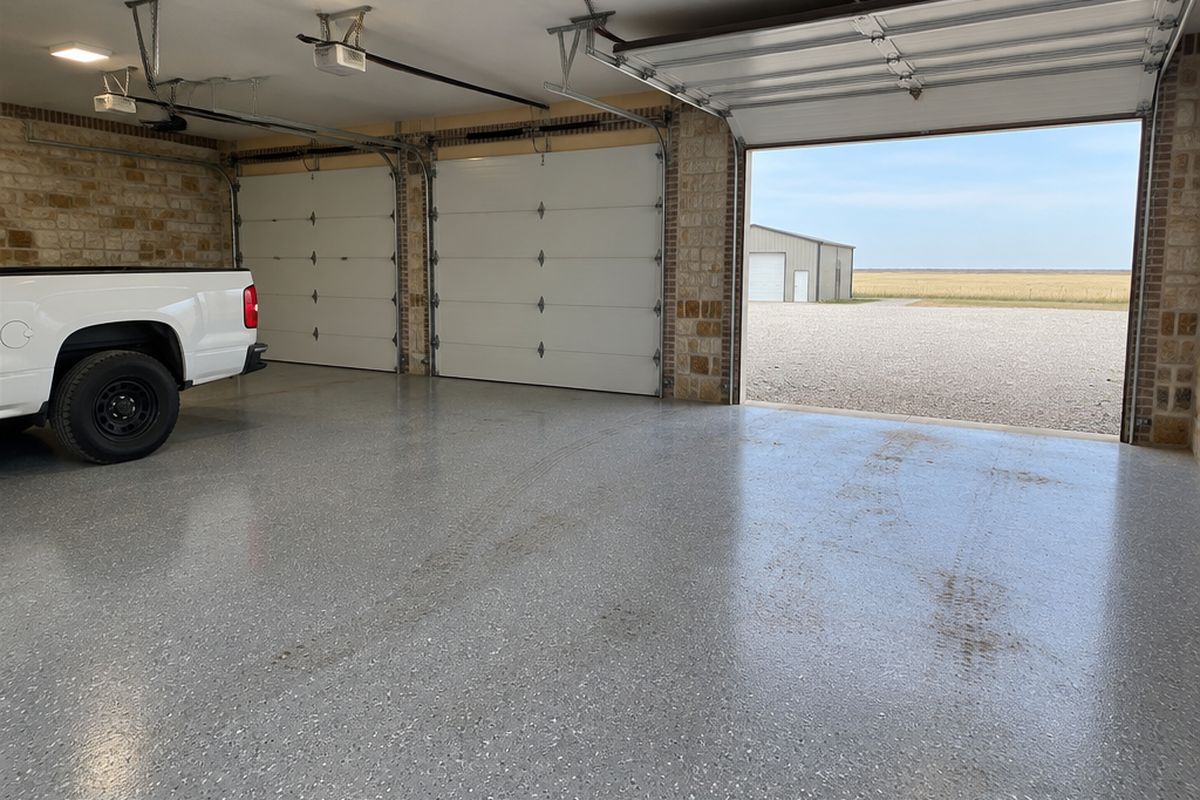 Three-car garage with a light gray and white flake floor, a pickup in one bay, and an open door toward a gravel drive, metal shop and wheat field.