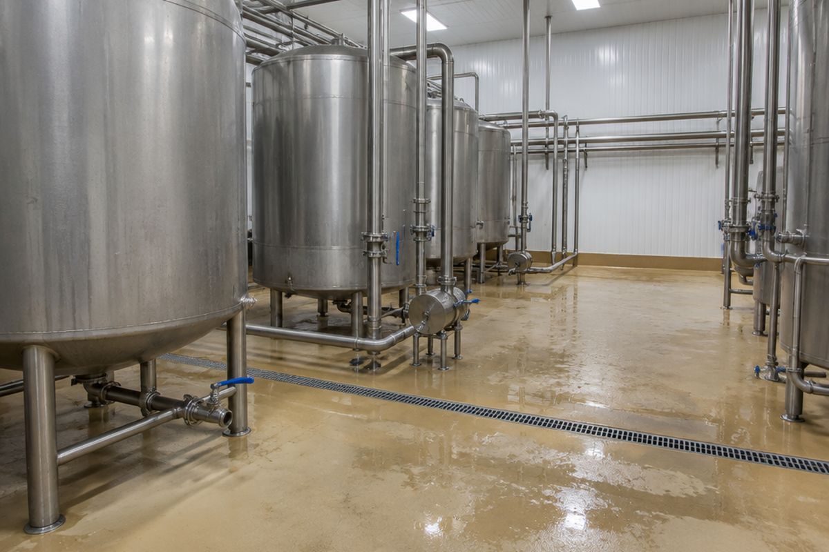 Dairy plant processing hall with stainless tanks and pipes over a tan urethane cement floor, a coved base, wet washdown patches and a trench drain.