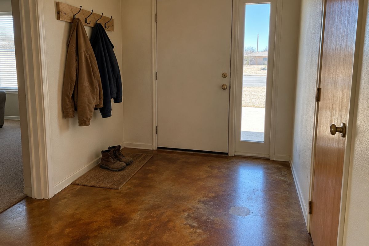 Front entry hall with an amber and caramel acid-stained concrete floor, trowel marks and a patch in the color, a coat rack, boots and a doormat.