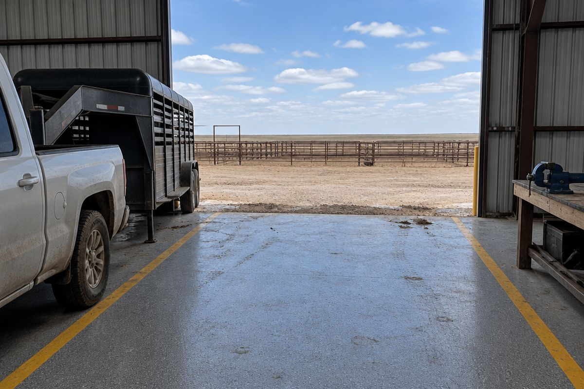 Farm shop with a gray epoxy floor and yellow aisle lines, a pickup and stock trailer, and an open door toward feedlot pens under a big sky.