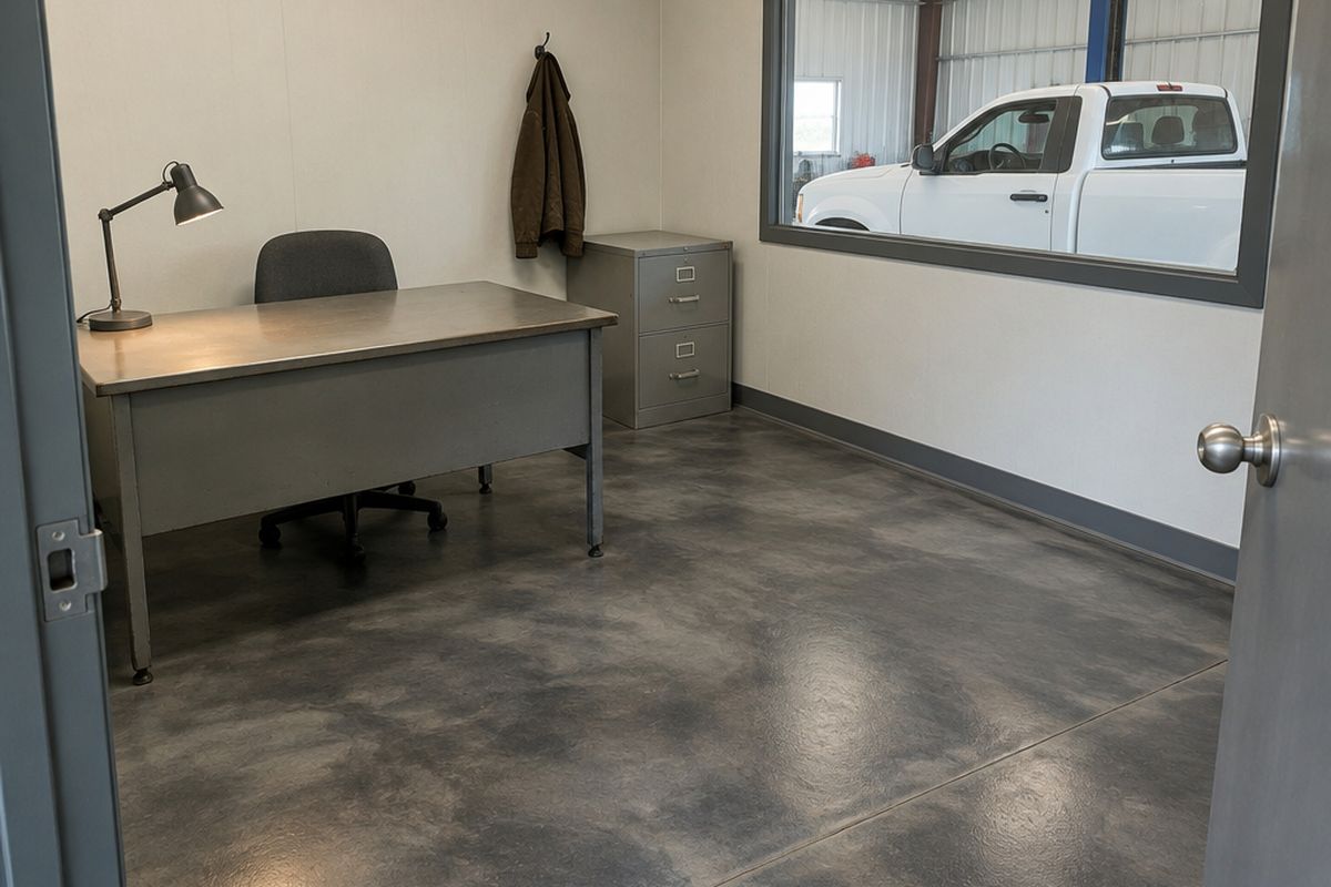 Small shop office with a pewter and charcoal metallic epoxy floor, a faint patch line showing through, a metal desk and an interior window to the shop.