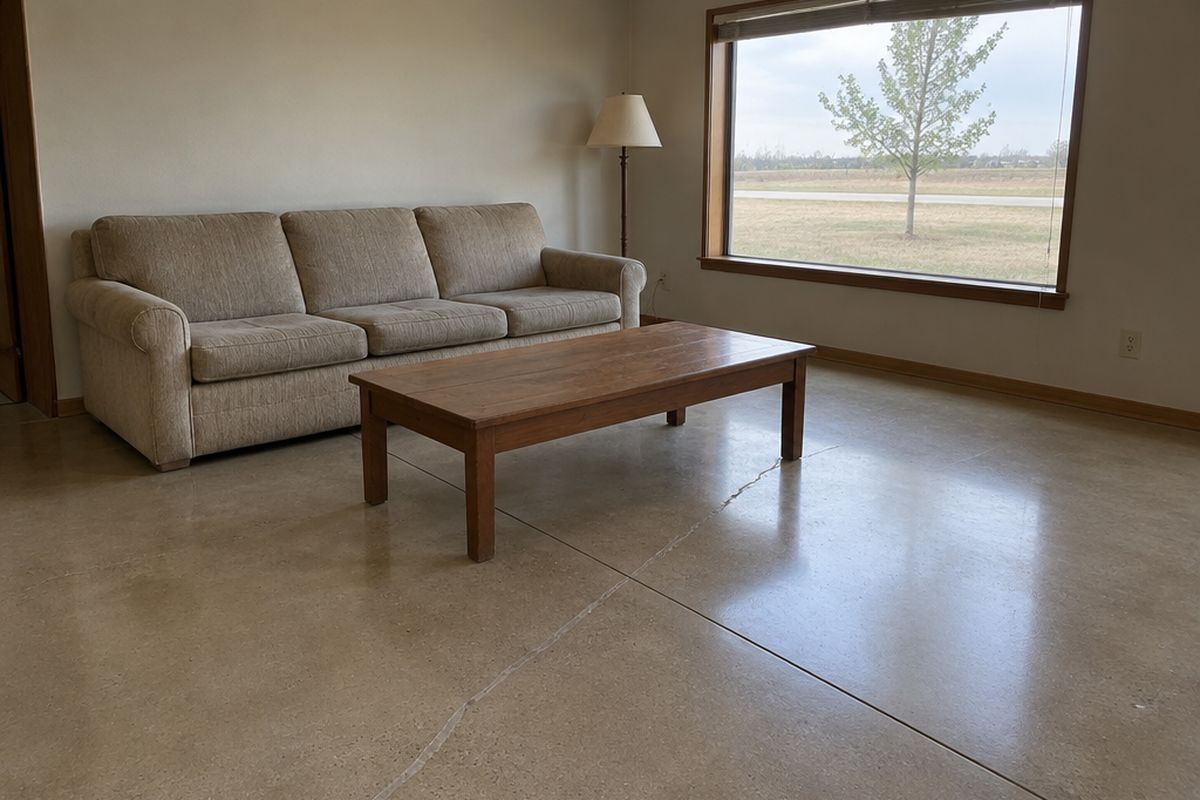 Living room with a low-sheen polished concrete floor in a creamy cement finish, a filled crack and saw-cut joint, a sofa and a wooden coffee table.