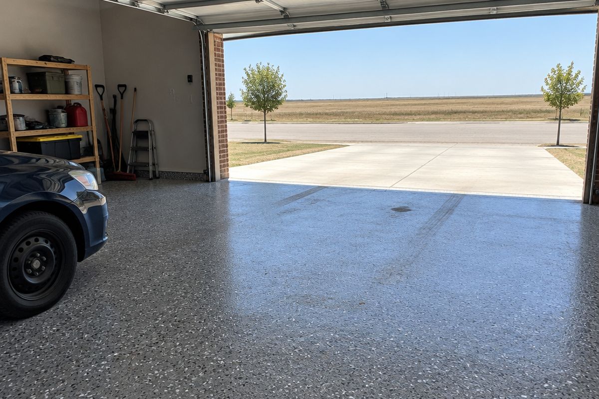 Two-car garage with a gray, black and white flake floor, faint tire tracks and an oil shadow, a sedan's fender, and a sunny street outside.
