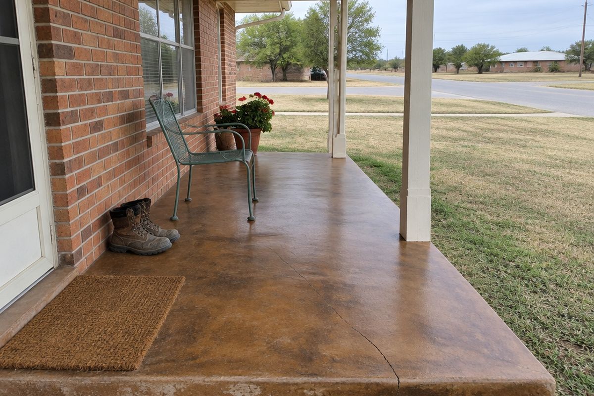 Front porch of a brick ranch house with a brown and amber stained concrete slab, a fine crack, a doormat, work boots and a metal chair.