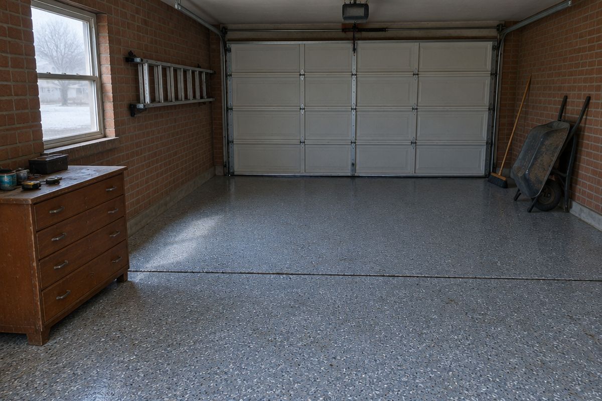 Two-car garage seen down its length with a blue-gray and white flake floor, a saw-cut joint across it, low window light and a tool chest of drawers.