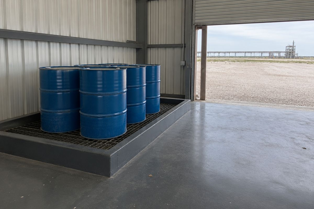 Plant storage room with a dark gray novolac floor and a coated containment curb around plain blue steel drums, steel walls and an open roll-up door.