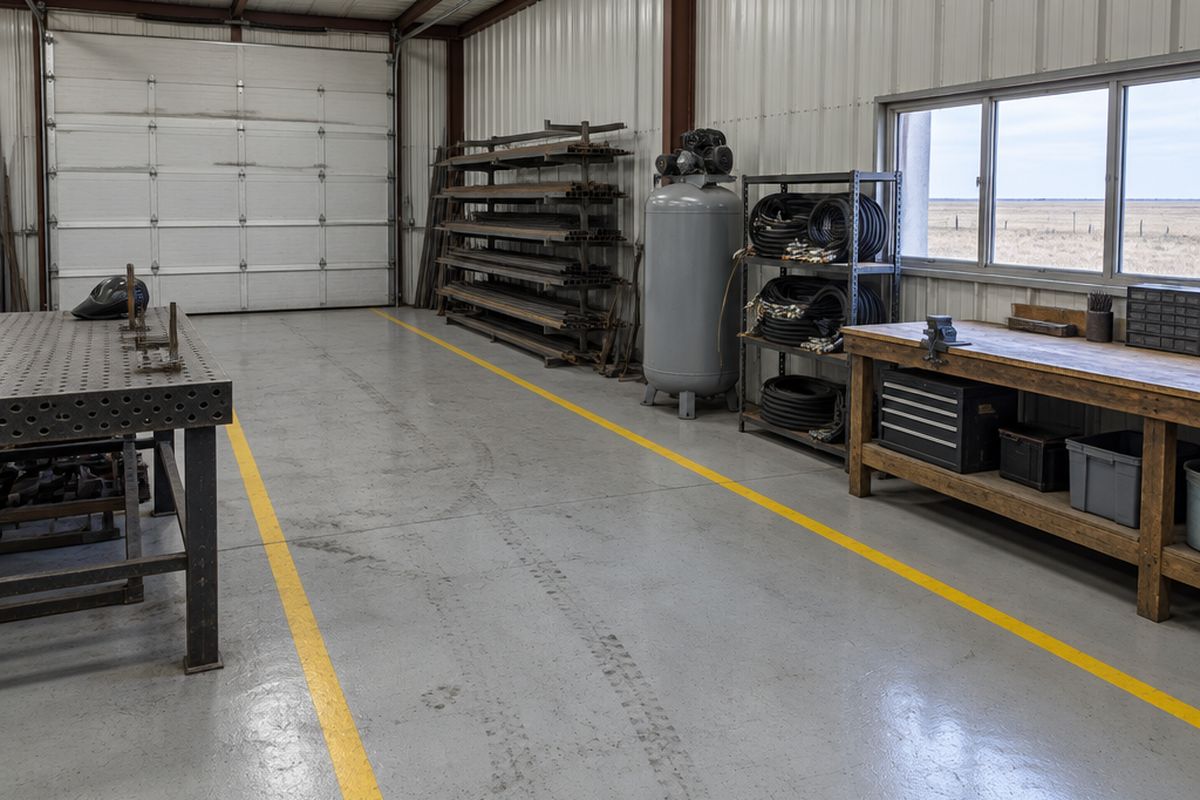Farm equipment shop with a light gray slurry floor and narrow yellow aisle lines, a welding table, steel bar rack, compressor and workbench.
