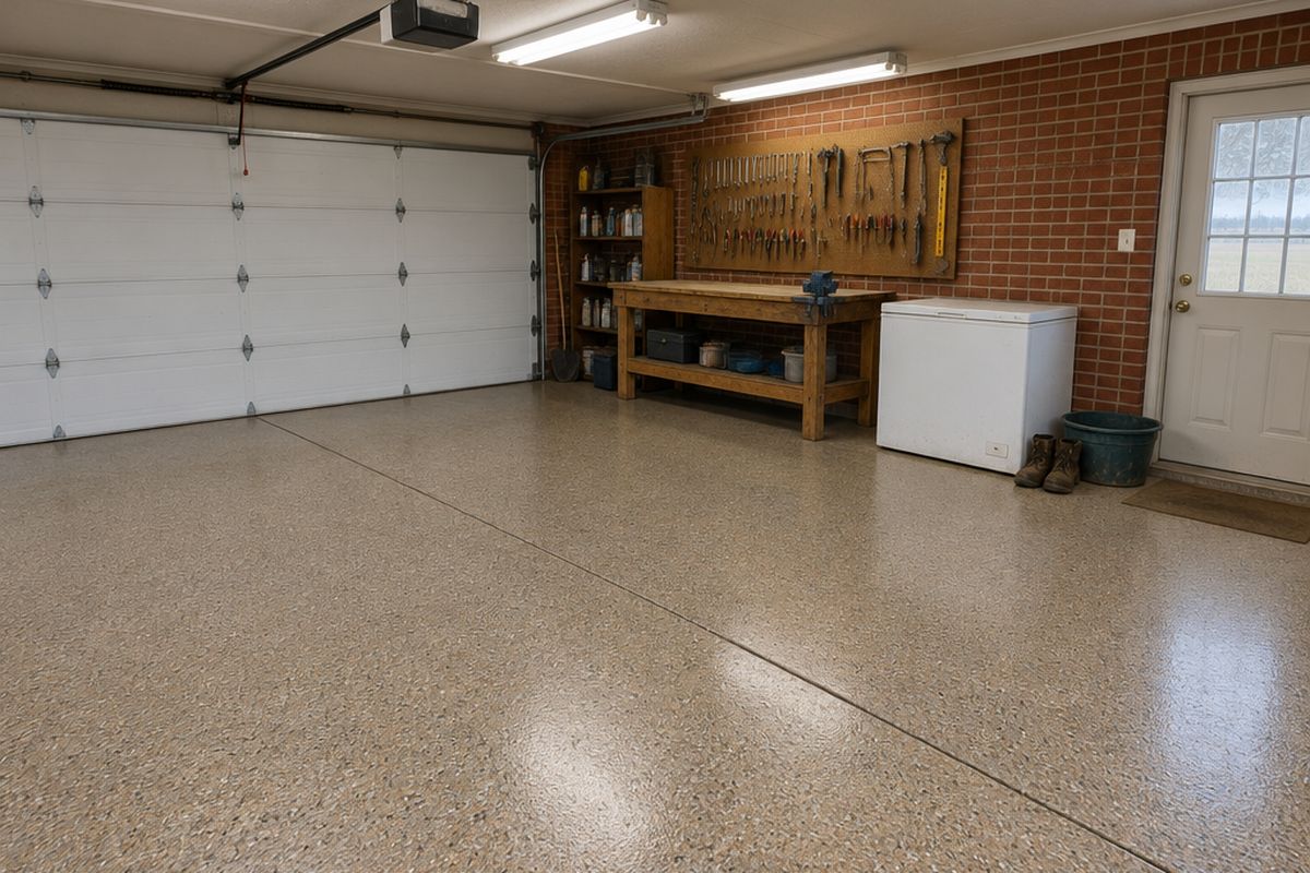 Closed two-car garage lit by shop lights, a tan, brown and gray flake floor with a control joint, an old workbench, pegboard tools and a chest freezer.