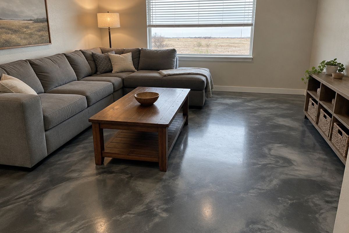 Game room with a charcoal and silver metallic epoxy floor, a sectional sofa, a coffee table, a floor lamp and a window with half-open blinds.