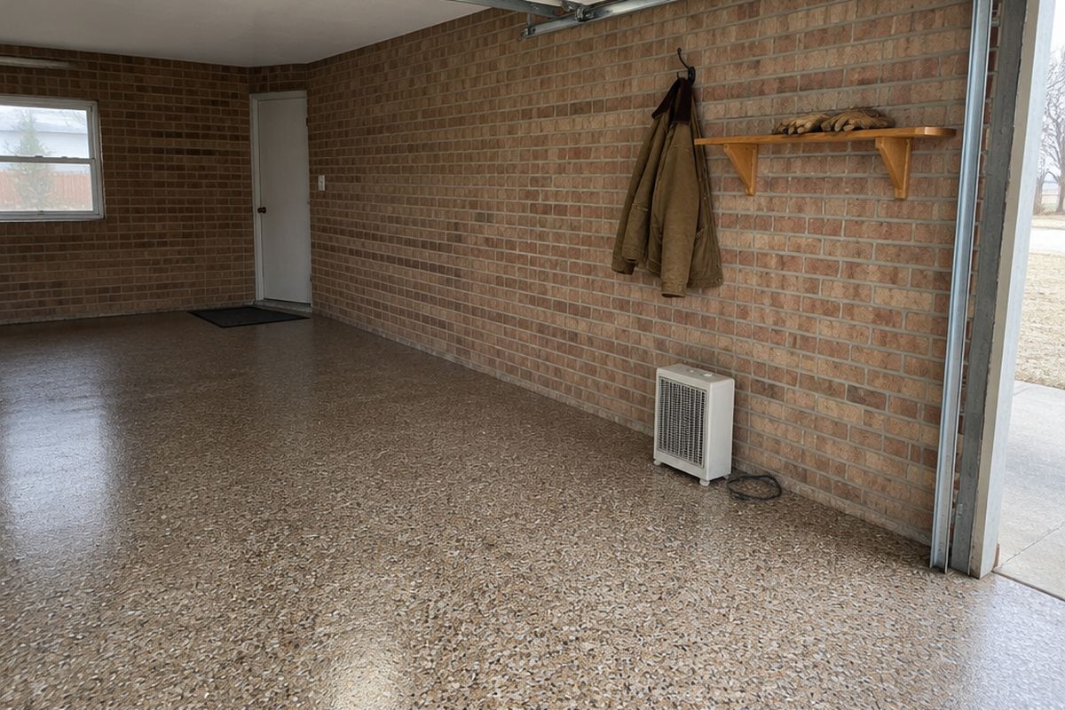 Garage with a brown, tan and cream flake floor in soft gray daylight, a barn coat on a hook, gloves on a wooden shelf and a small space heater.