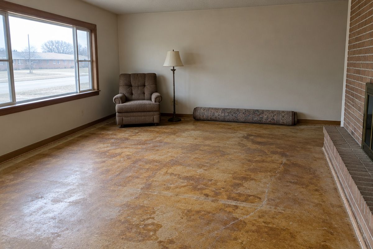 Living room with a matte, mottled amber-stained concrete floor showing pale glue shadows, an armchair, a floor lamp, a rolled rug and a brick hearth.