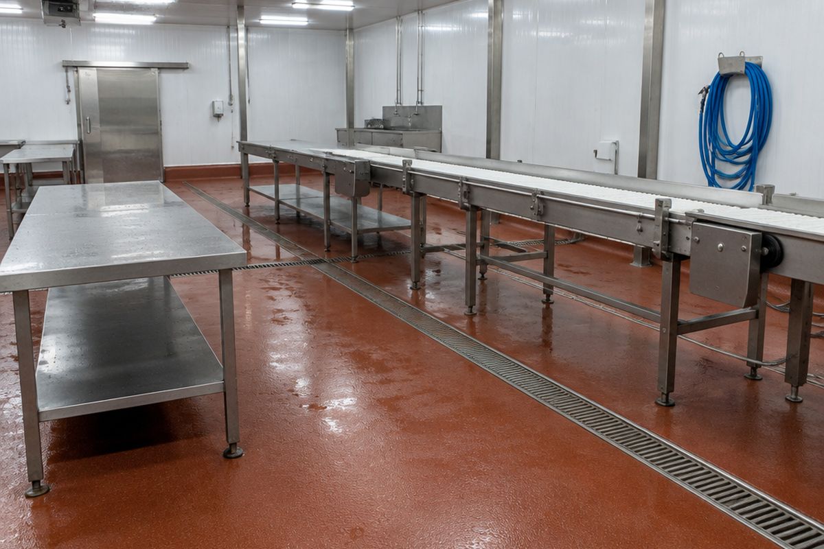 Empty meat-cutting room with a wet red-brown urethane cement floor coved up the walls, stainless trench drains, long stainless tables and a conveyor.