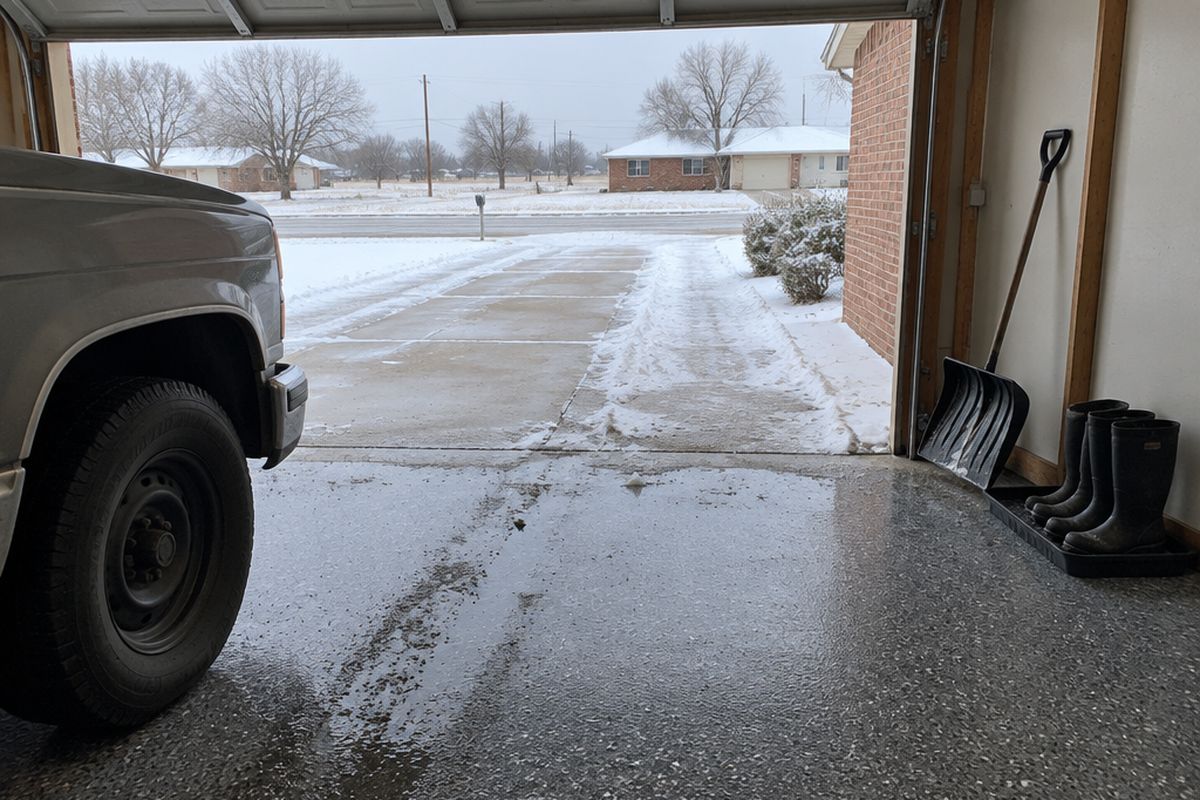 Garage with a charcoal and gray flake floor, a wet meltwater track near the door, a snow shovel and boot tray, and old snow on the driveway.