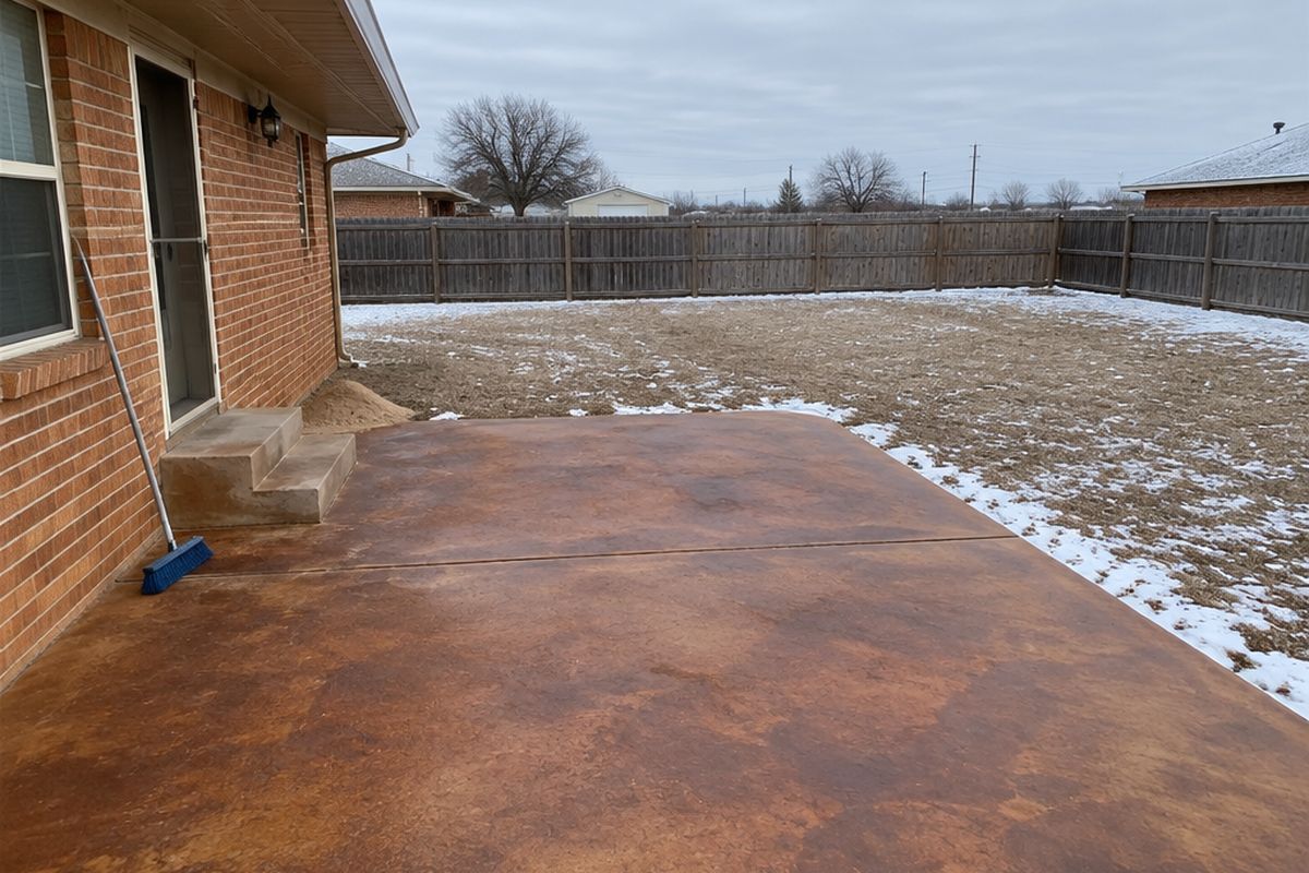Uncovered back patio with a reddish-brown stained concrete slab swept clear, old snow along the lawn edges, a small pile of sand and a push broom.