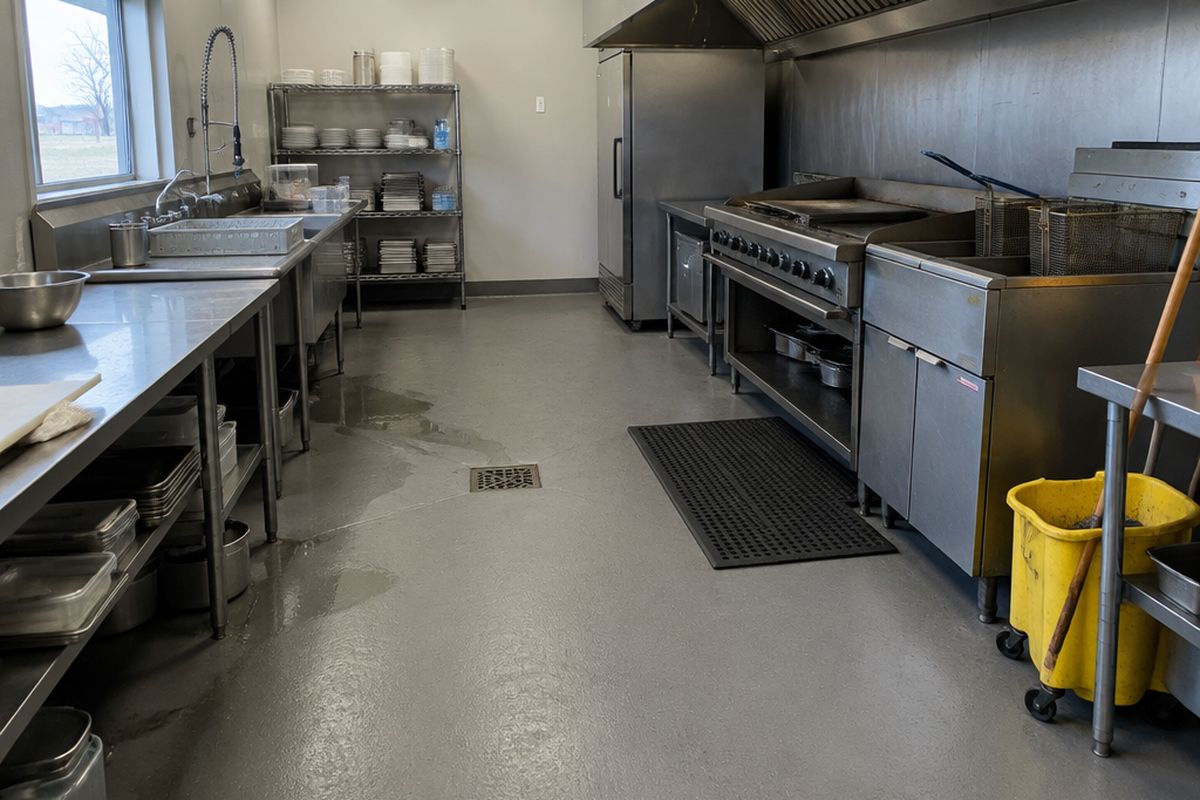 Cafe kitchen with a gray urethane cement floor coved at the wall base, a square floor drain, a damp area by the sink, prep tables and a cooking line.