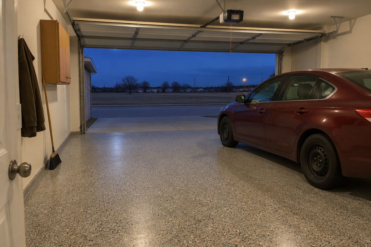Two-car garage at dusk with the lights on, a dark red sedan parked in one half on a gray, tan and black flake floor, the other half empty.