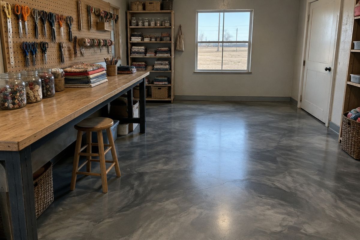 Hobby room with a gray and graphite metallic epoxy floor, a pegboard wall of craft tools, a long work table with jars of buttons and shelves of fabric.