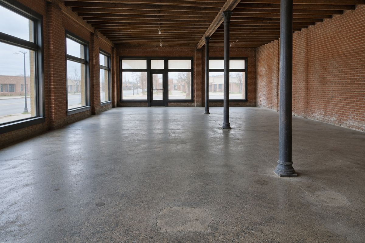 Empty ground floor of an old brick commercial building with a dull, low-sheen polished concrete floor, old patches, cast-iron columns and tall front windows.