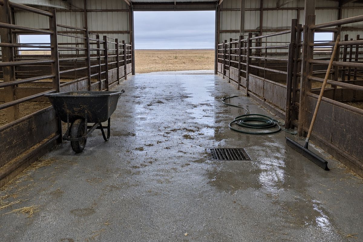 Ranch barn alley between steel pipe pens with a gritty gray textured floor, wet patches and hay bits, a wheelbarrow, squeegee and an open end door.