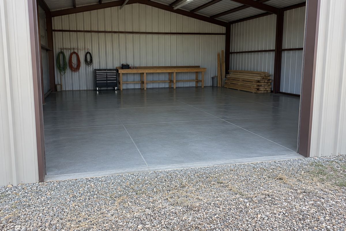 Grain farm equipment shed seen from its open door, a gray epoxy floor with a grid of filled control joints, a workbench, tool cart and hanging hoses.