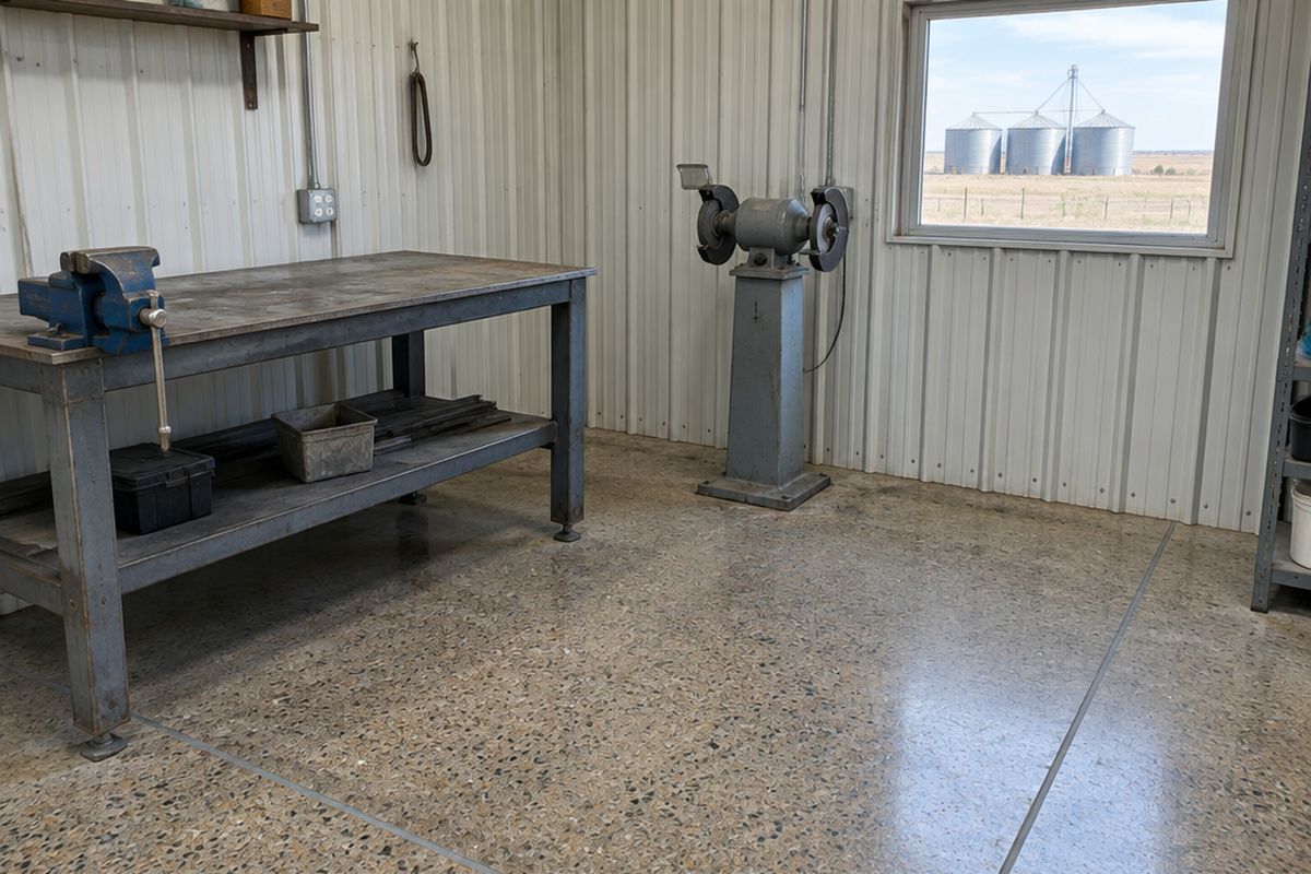 Farm shop corner with a satin polished concrete floor showing full stone aggregate and filled joints, a steel workbench, a vise and a window to grain bins.
