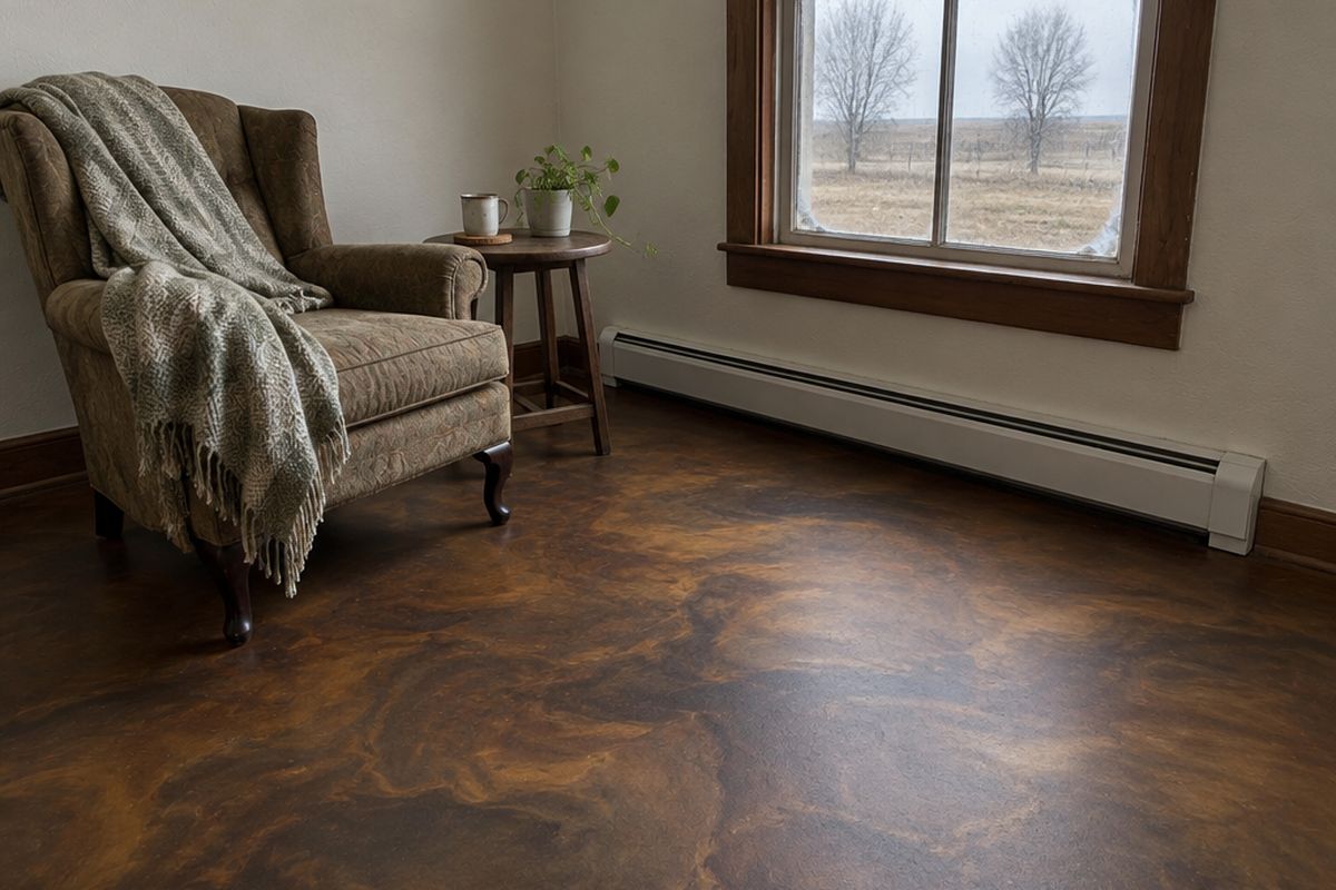Small sitting room with a warm bronze and brown metallic epoxy floor, a baseboard heater under an old wood window, a reading chair and a side table.