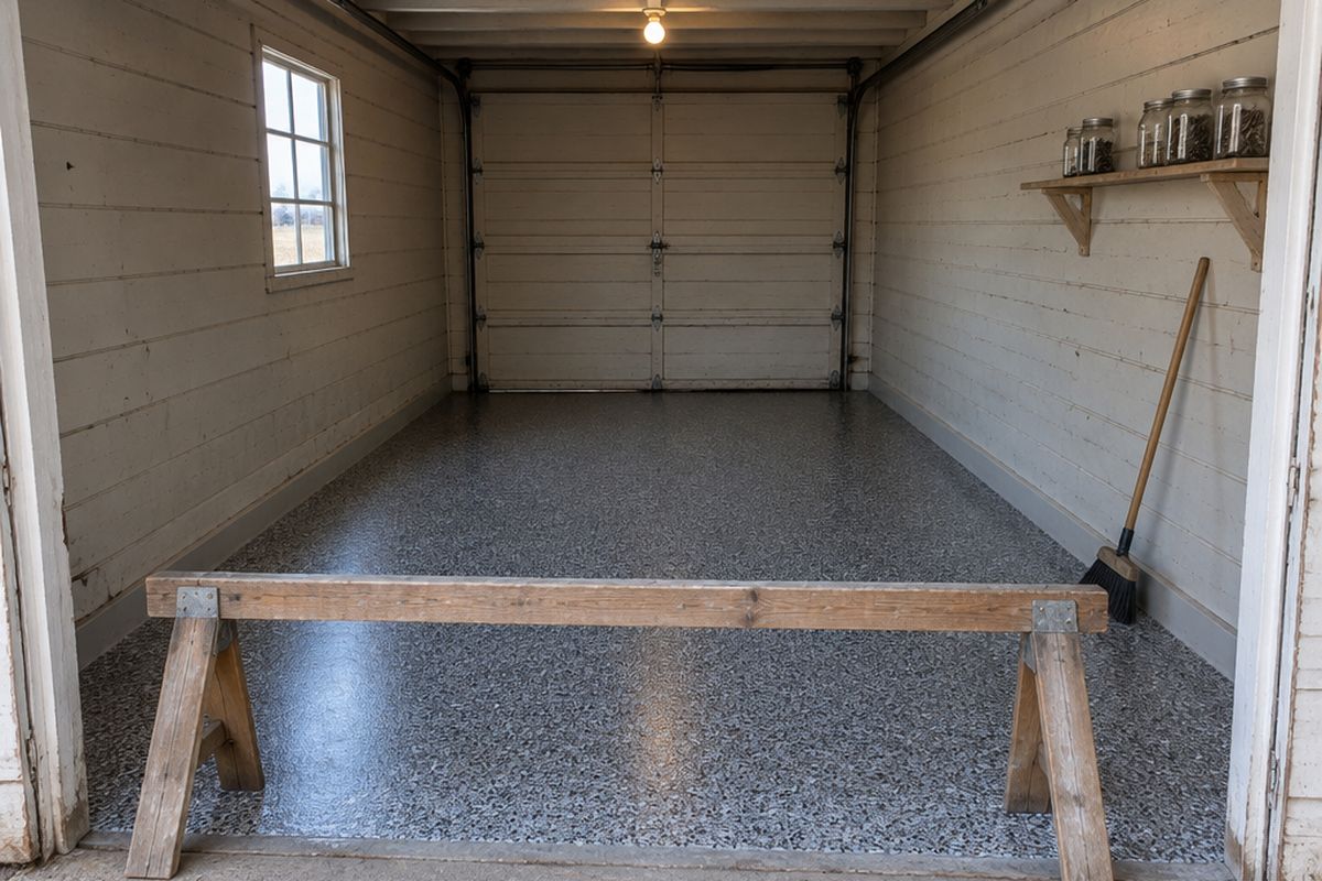 Narrow single-car garage with a new black, white and gray chip floor, a wooden sawhorse across the doorway, a bare bulb and one small window.