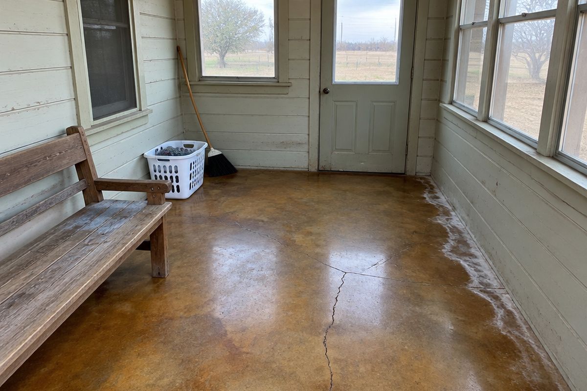 Enclosed back porch with an amber and golden brown stained concrete floor, white efflorescence along the outer wall, a long crack, a bench and a broom.