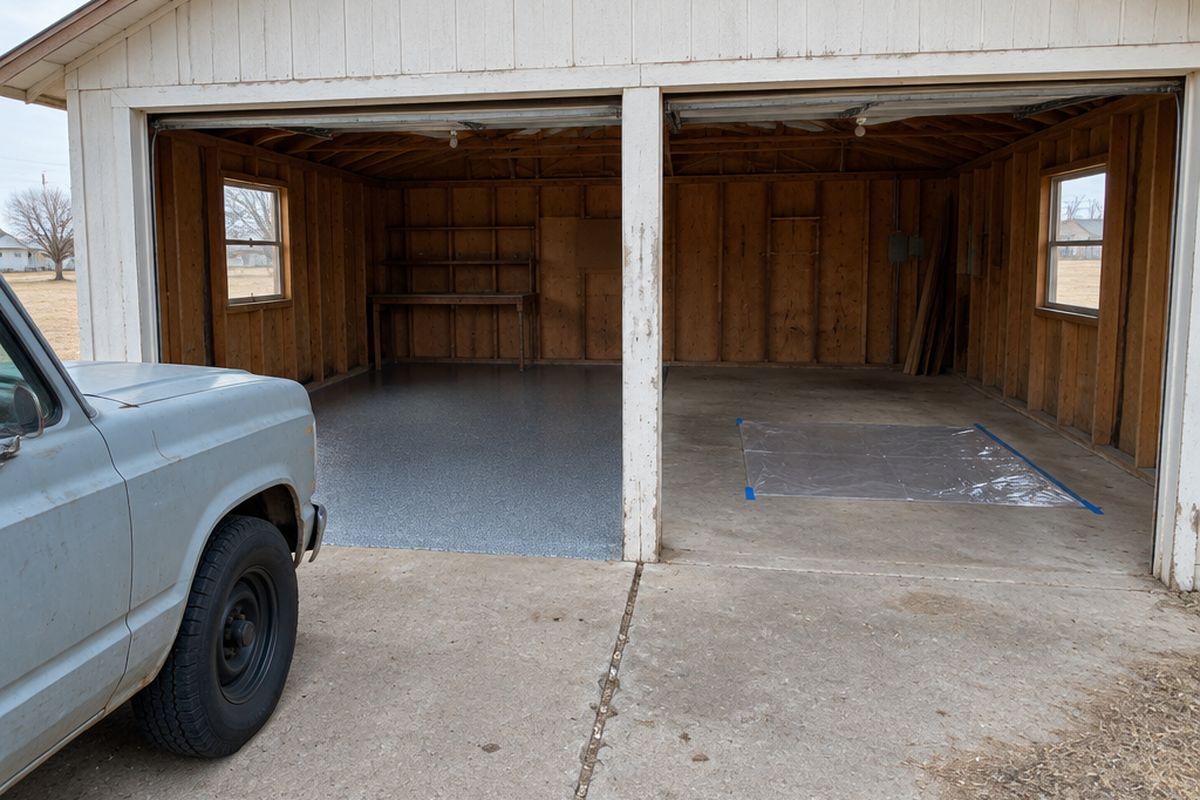 Old detached two-car garage with one bay in gray flake epoxy and the other bare concrete under a taped-down plastic sheet, with an old pickup outside.