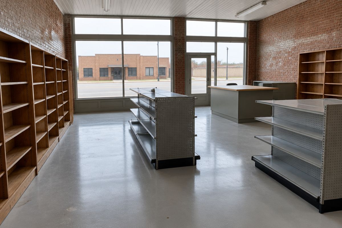 Small-town store with a new seamless light gray resin floor, empty wooden shelves and gondolas, a plain counter and tall windows onto a quiet street.